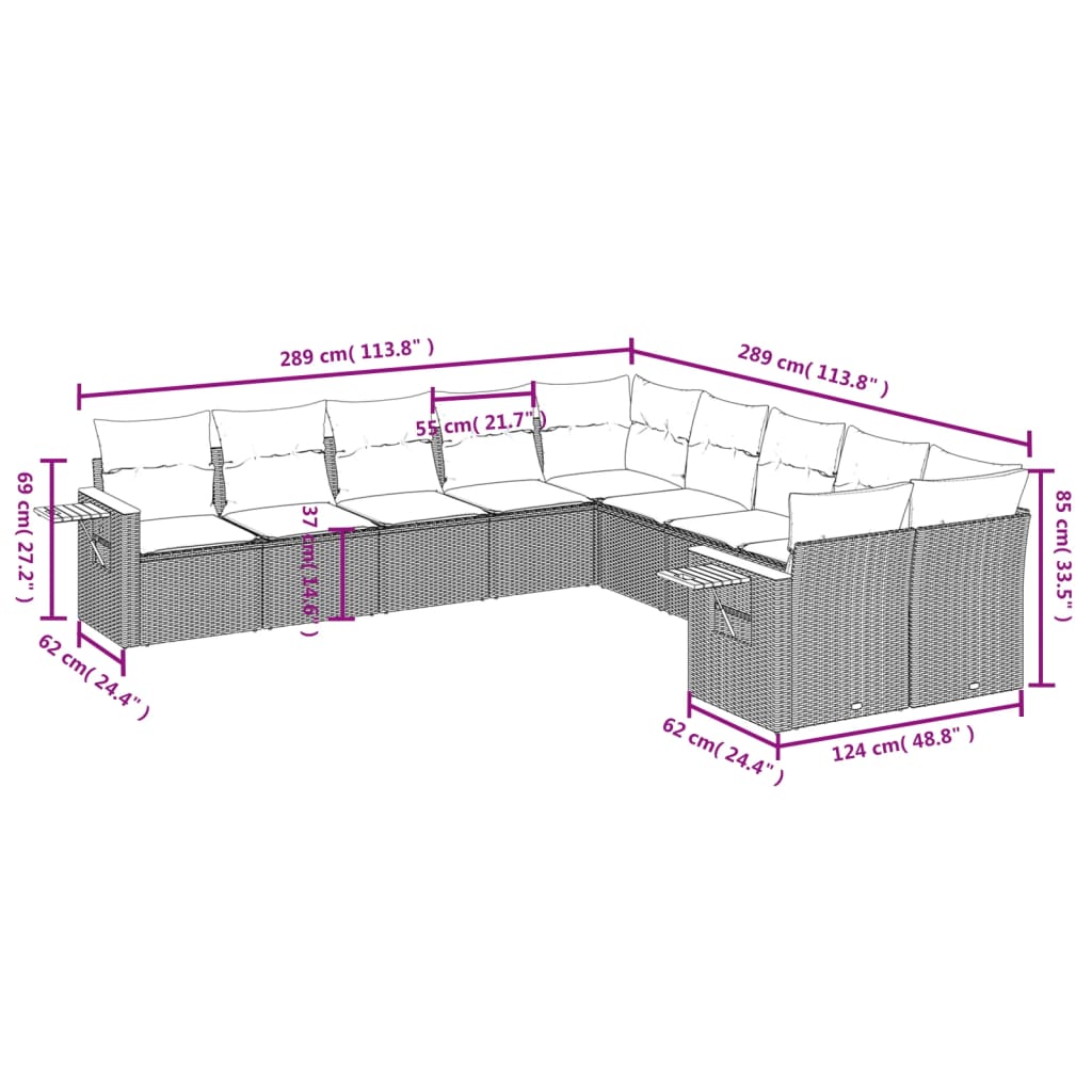 vidaXL Salon de jardin 10 pcs avec coussins résine tressée gris
