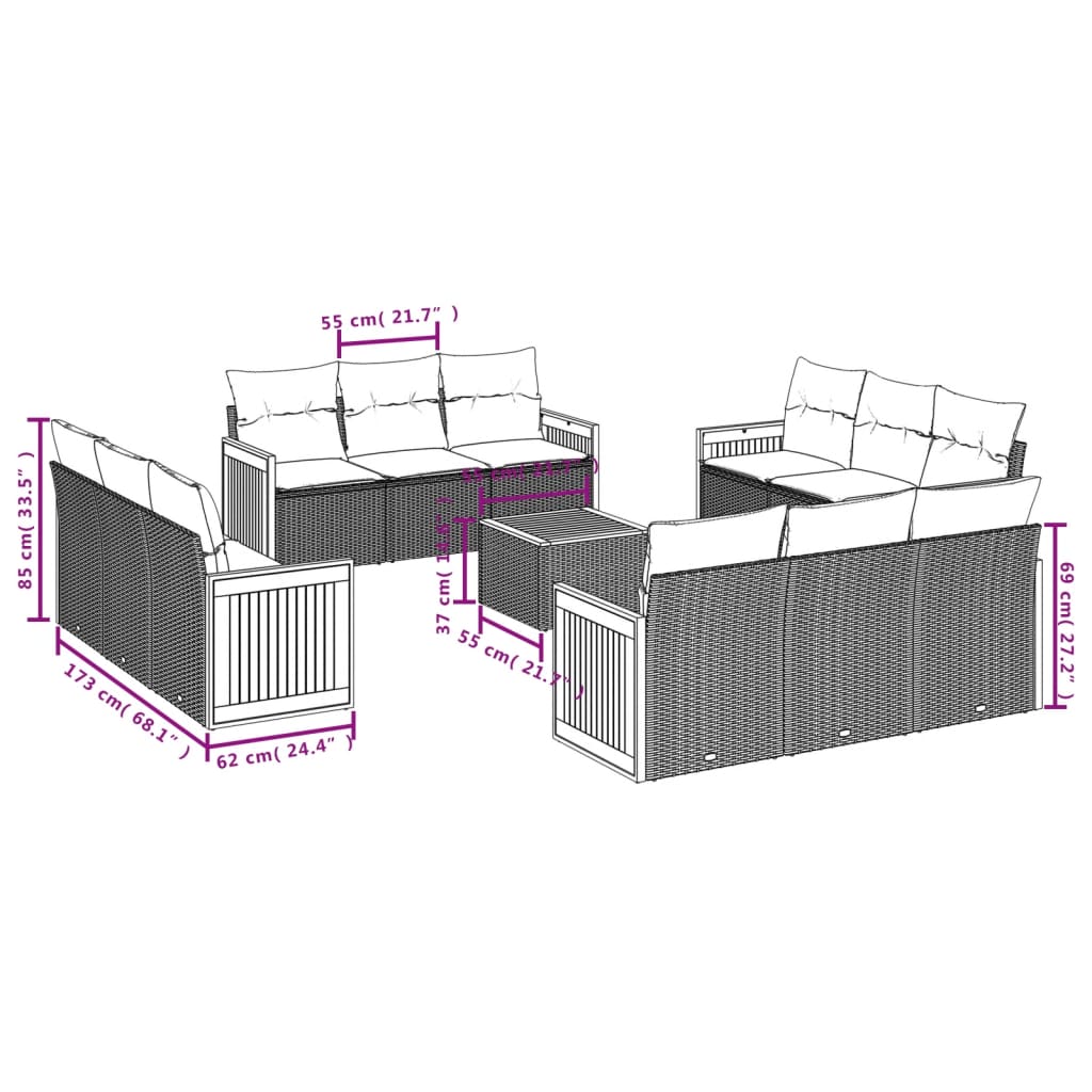 vidaXL 13-tlg. Garten-Sofagarnitur mit Kissen Beige Poly Rattan