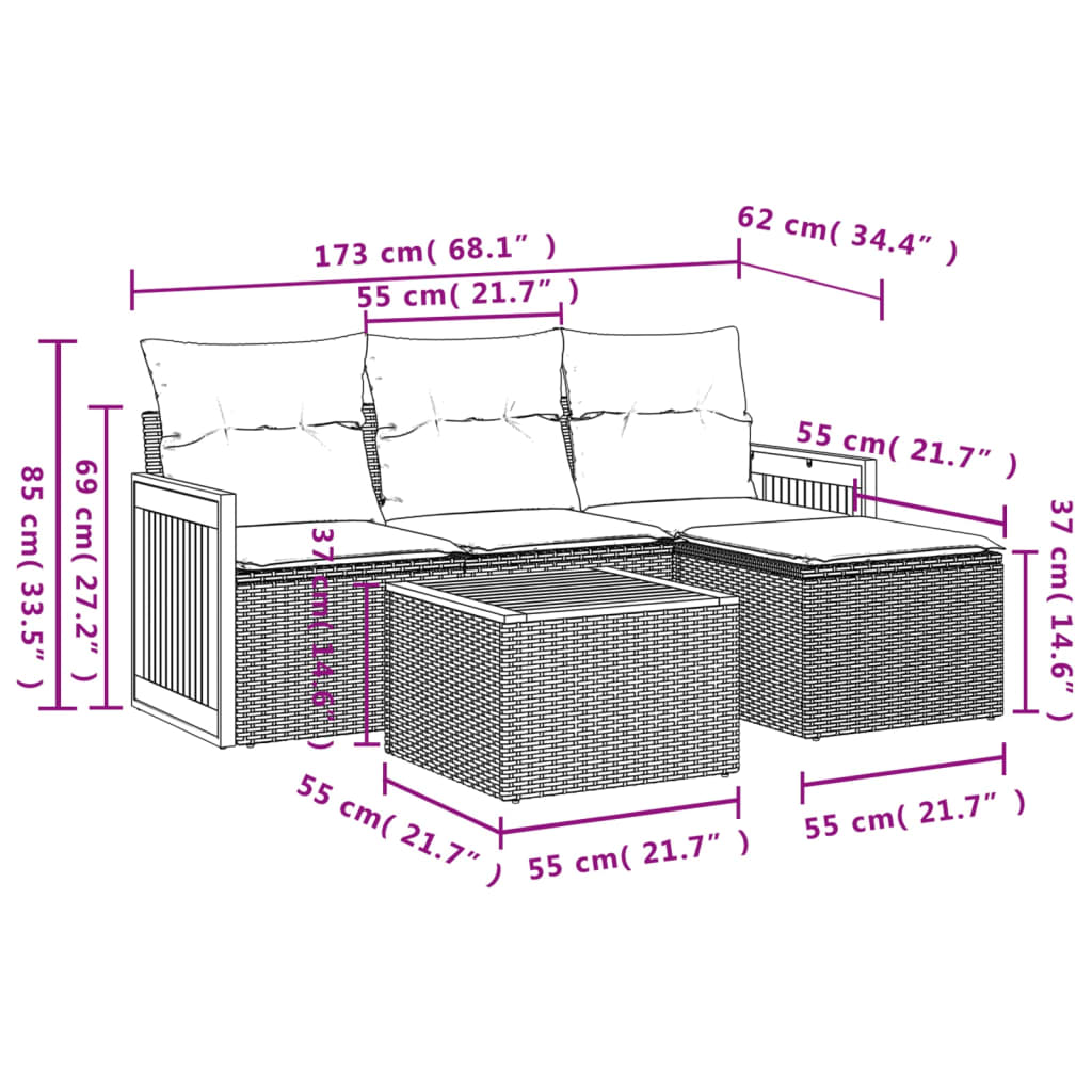 vidaXL 5-tlg. Garten-Sofagarnitur mit Kissen Beige Poly Rattan