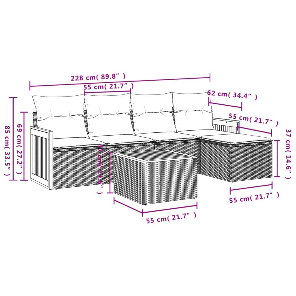 vidaXL Salon de jardin 6 pcs avec coussins Noir Résine tressée
