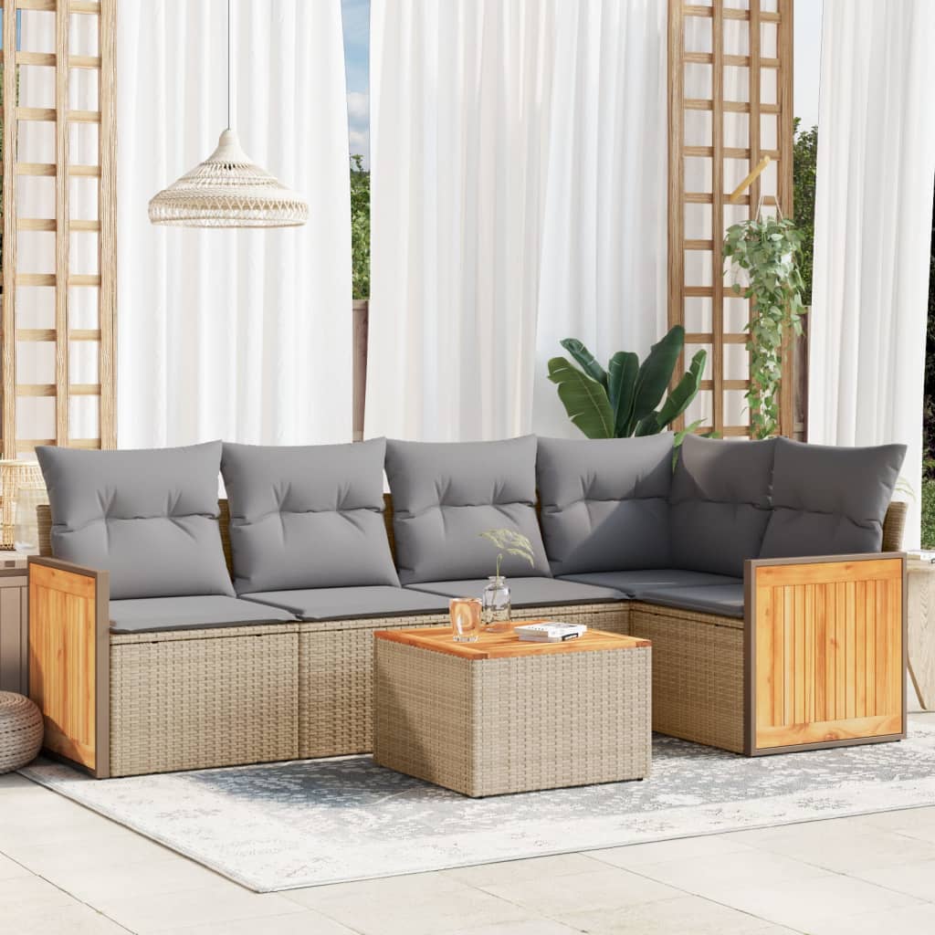 vidaXL 6-tlg. Garten-Sofagarnitur mit Kissen Beige Poly Rattan