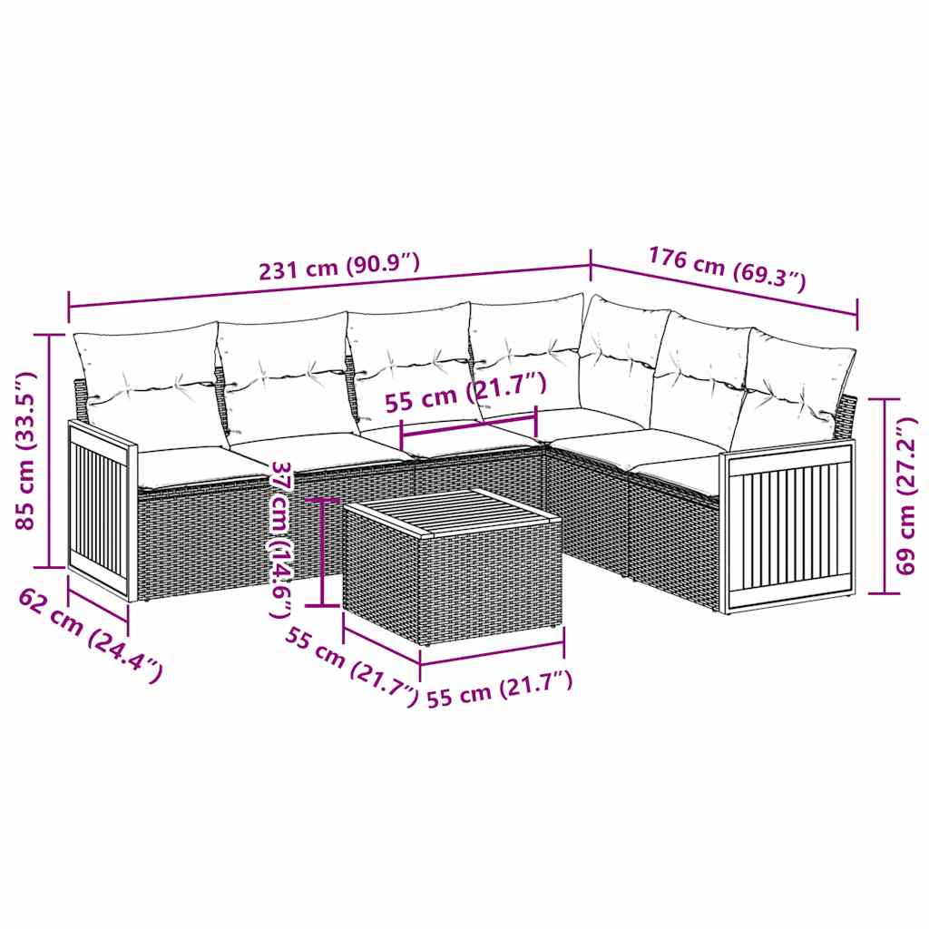 7-tlg. Garten-Sofagarnitur mit Kissen Schwarz Poly Rattan
