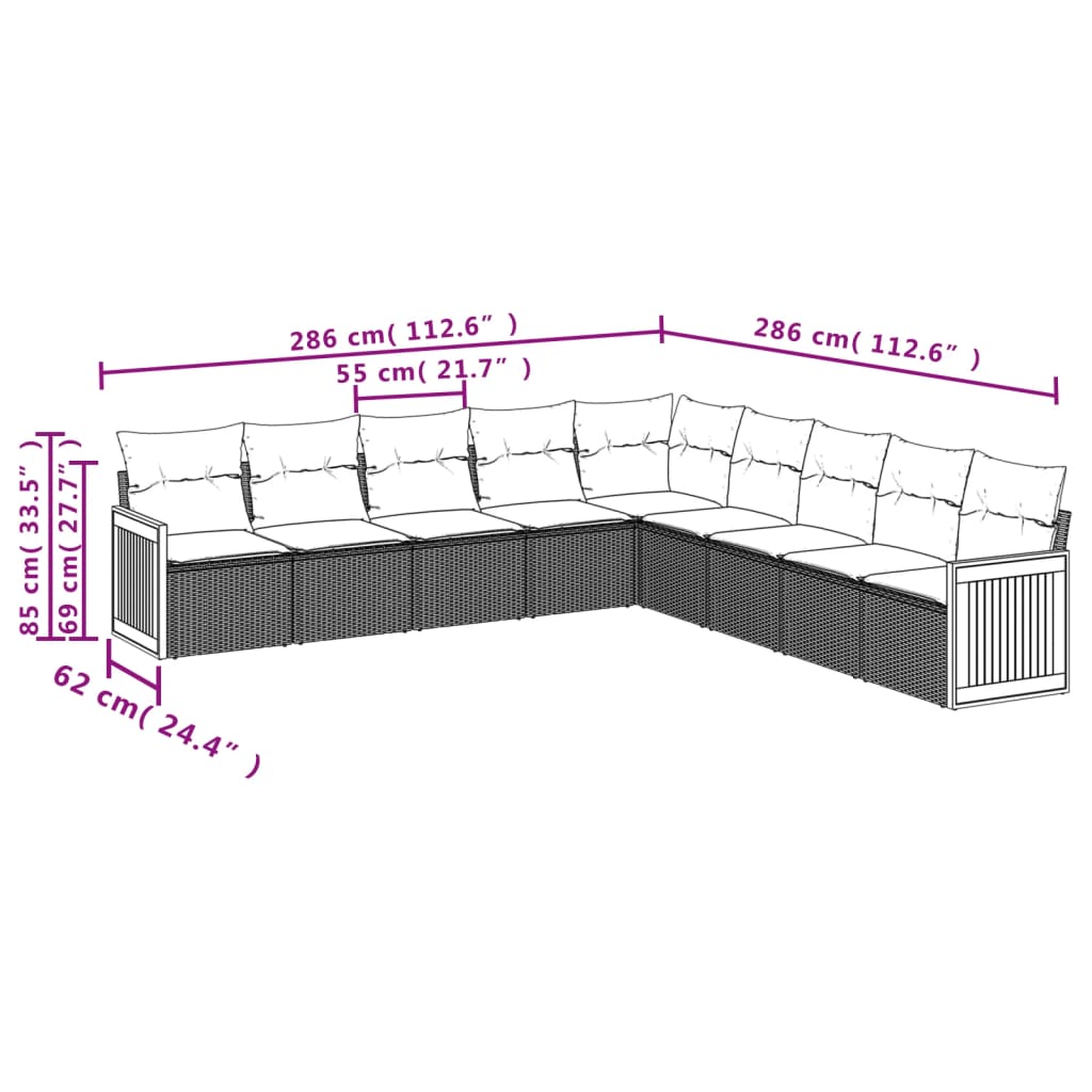 vidaXL Salon de jardin 9 pcs avec coussins Résine tressée Beige