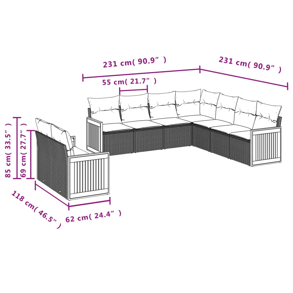 vidaXL Salon de jardin 9 pcs avec coussins Résine tressée Gris