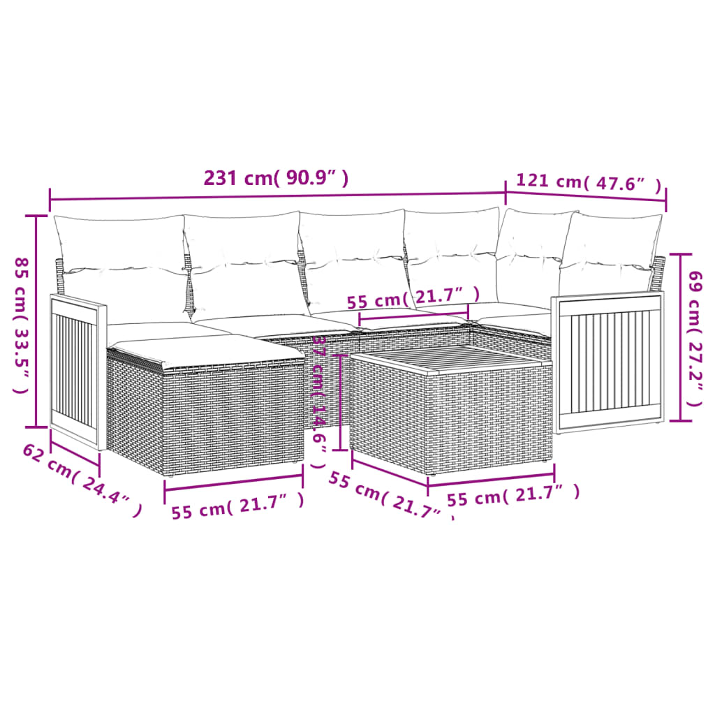 vidaXL 7-tlg. Garten-Sofagarnitur mit Kissen Beige Poly Rattan