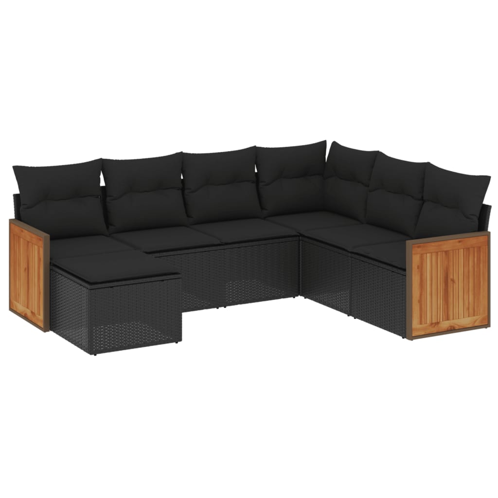 7-tlg. Garten-Sofagarnitur mit Kissen Schwarz Poly Rattan