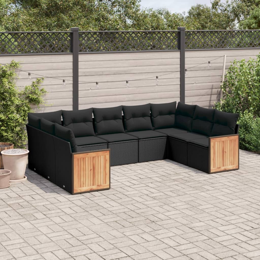 vidaXL Salon de jardin 9 pcs avec coussins Noir Résine tressée