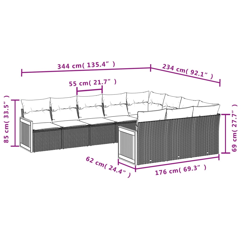 vidaXL 10-tlg. Garten-Sofagarnitur mit Kissen Grau Poly Rattan