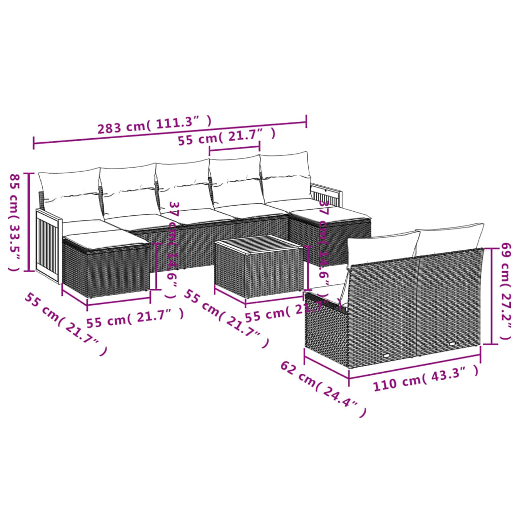 vidaXL Salon de jardin 10 pcs avec coussins Noir Résine tressée