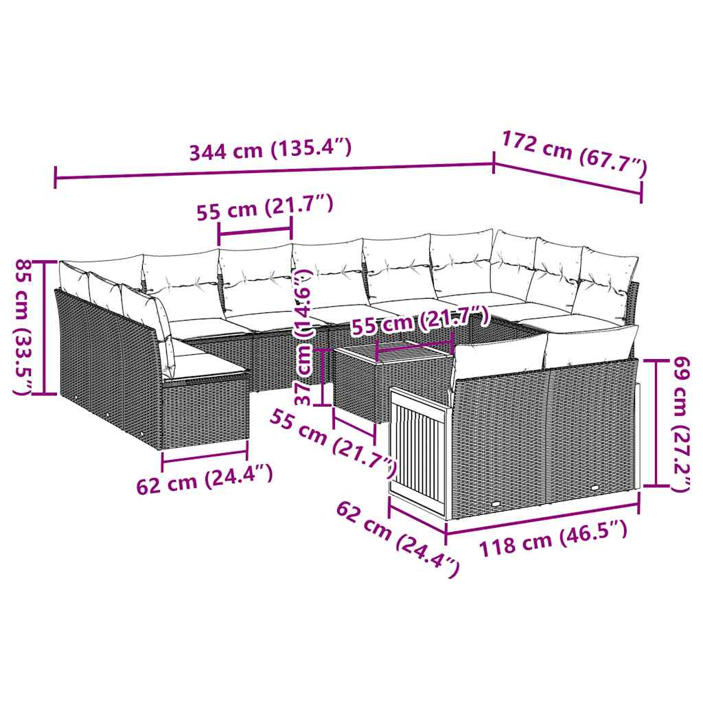 13-tlg. Garten-Sofagarnitur mit Kissen Schwarz Poly Rattan