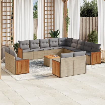 vidaXL 14-tlg. Garten-Sofagarnitur mit Kissen Beige Poly Rattan