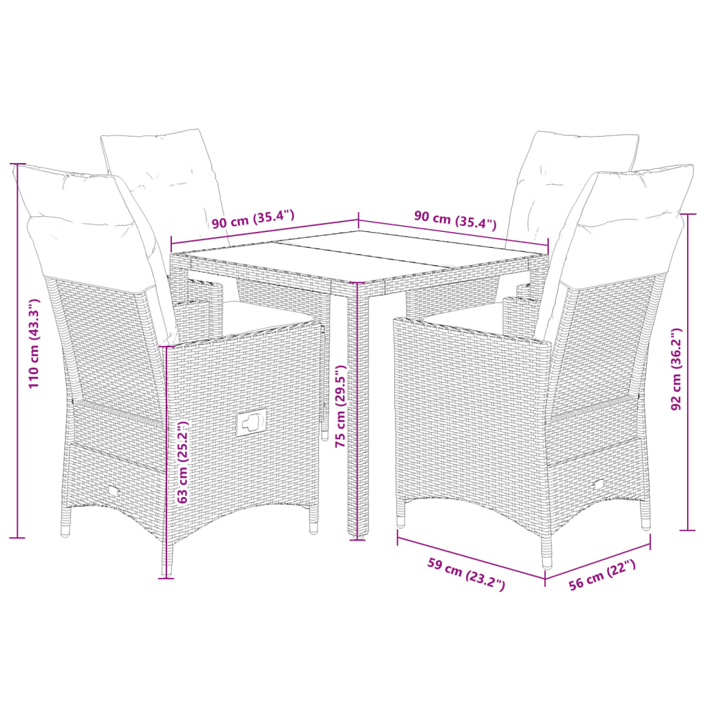vidaXL 5-tlg. Garten-Essgruppe mit Kissen Schwarz Poly Rattan