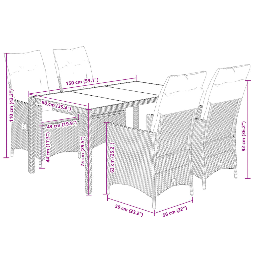 vidaXL 5-tlg. Garten-Essgruppe mit Kissen Schwarz Poly Rattan