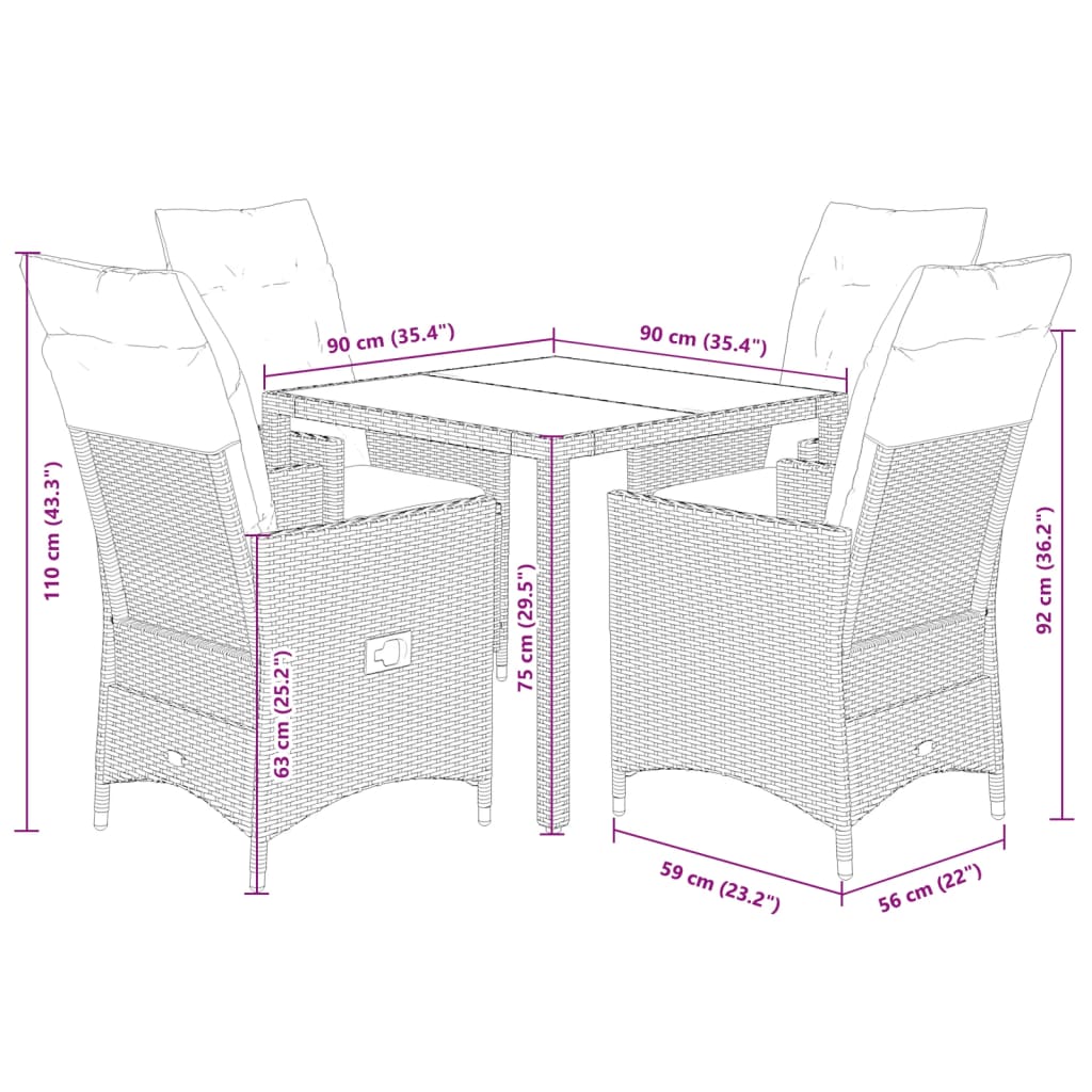 vidaXL 5-tlg. Garten-Essgruppe mit Kissen Schwarz Poly Rattan