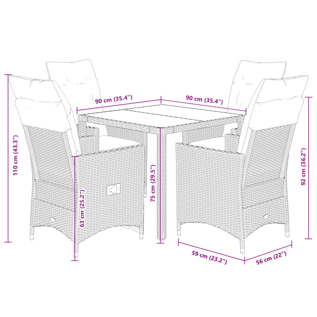 vidaXL 5-tlg. Garten-Essgruppe mit Kissen Schwarz Poly Rattan