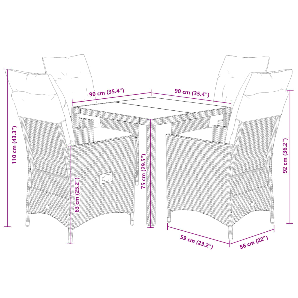 vidaXL 5-tlg. Garten-Essgruppe mit Kissen Grau Poly Rattan