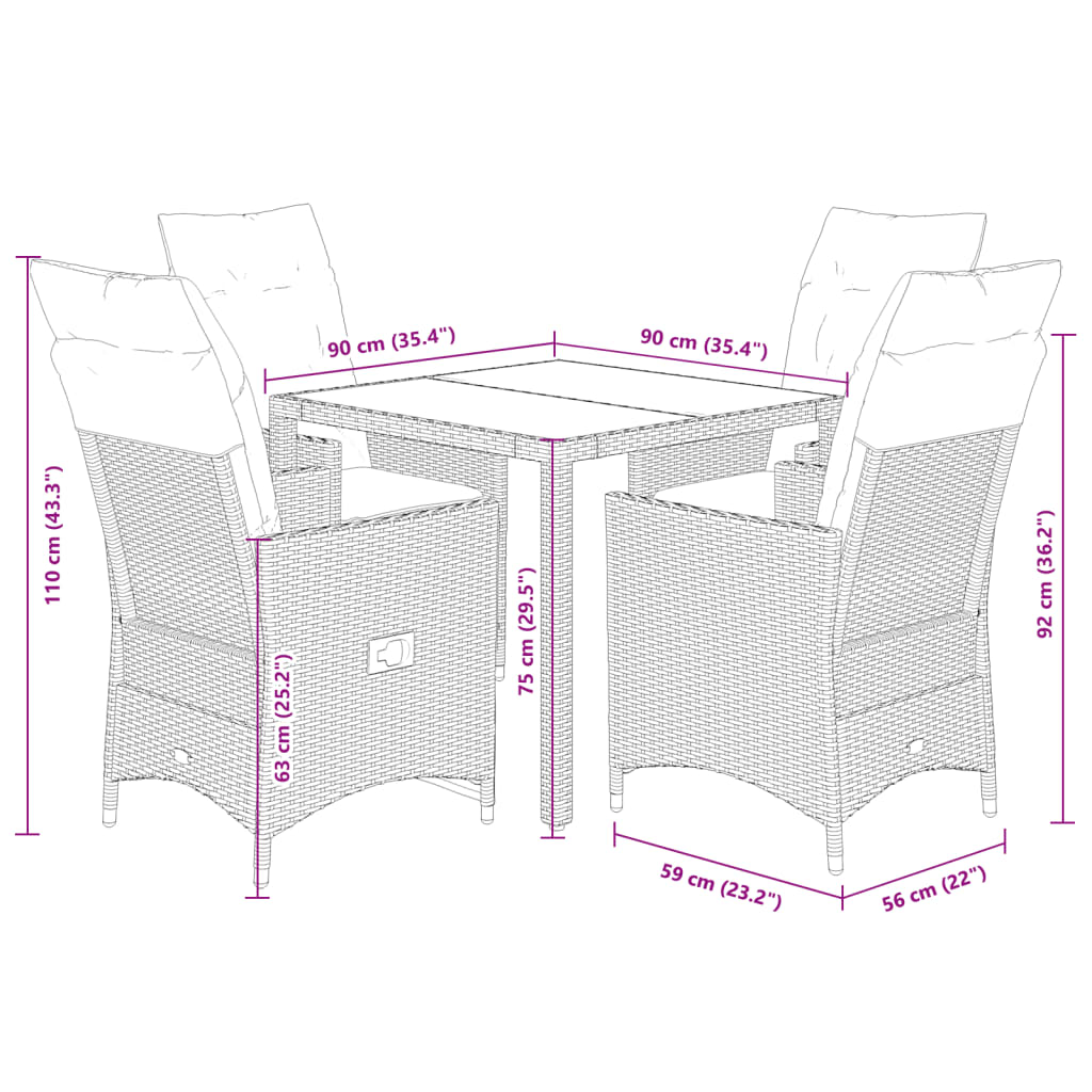 vidaXL 5-tlg. Garten-Essgruppe mit Kissen Grau Poly Rattan