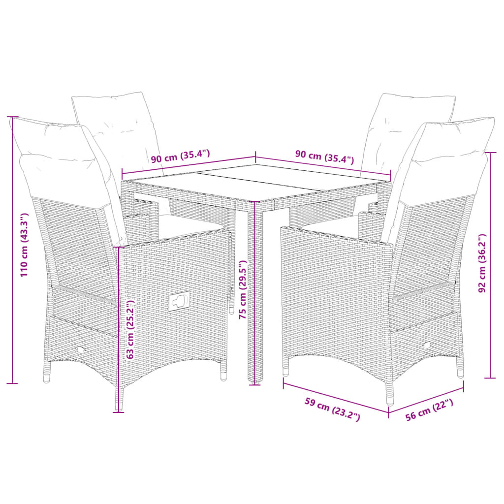 vidaXL 5-tlg. Garten-Essgruppe mit Kissen Grau Poly Rattan