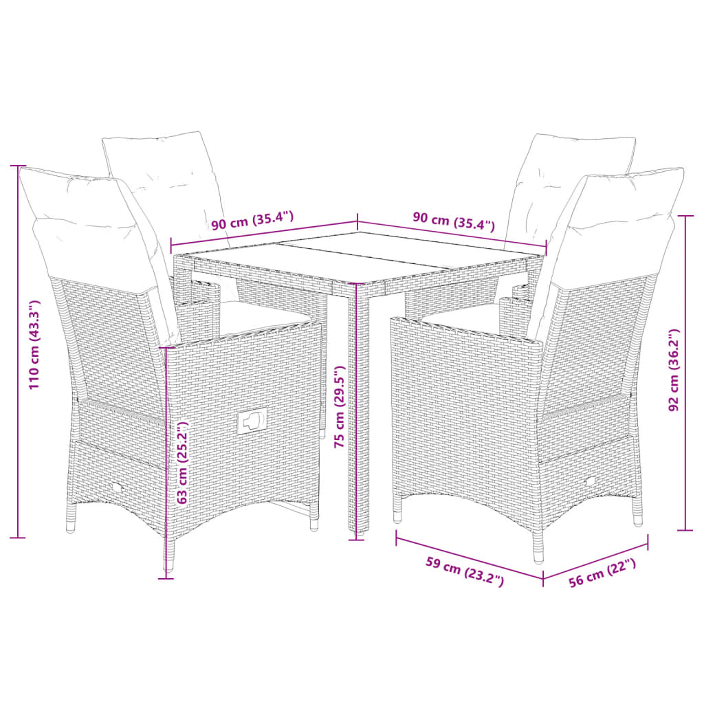 vidaXL 5-tlg. Garten-Essgruppe mit Kissen Grau Poly Rattan