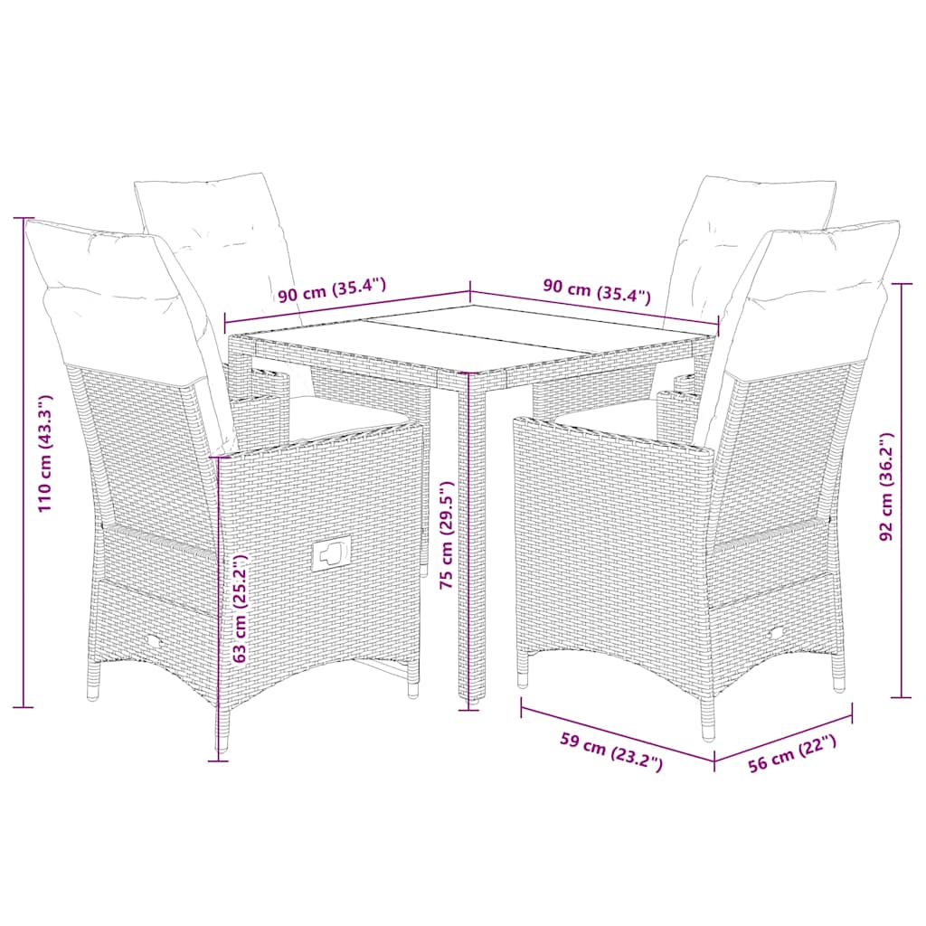 vidaXL 5-tlg. Garten-Essgruppe mit Kissen Braun Poly Rattan