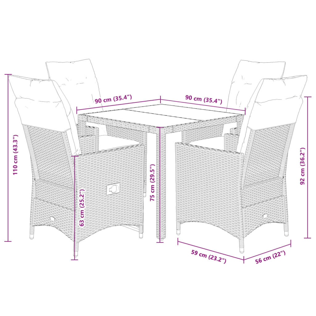 vidaXL 5-tlg. Garten-Essgruppe mit Kissen Beige Poly Rattan