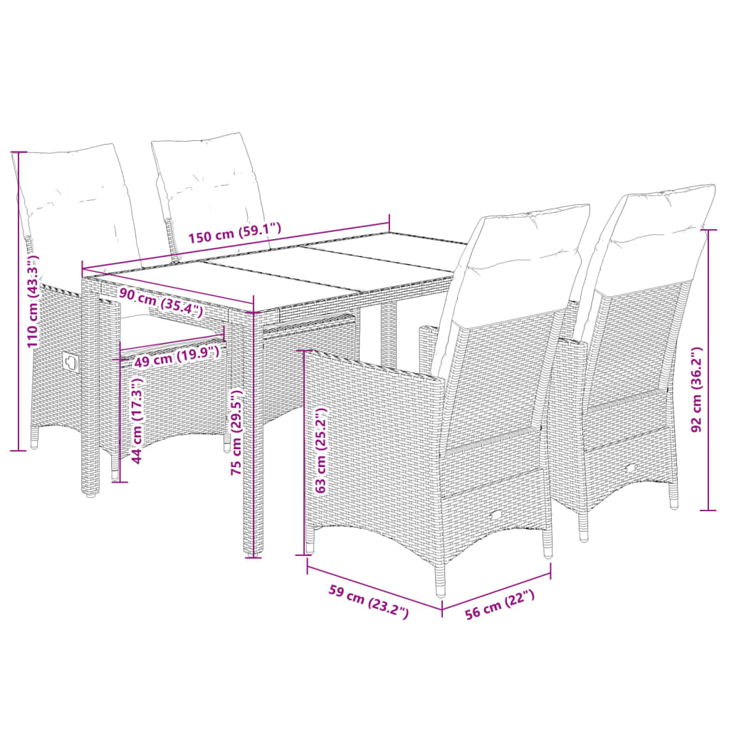 vidaXL 5-tlg. Garten-Essgruppe mit Kissen Beige Poly Rattan