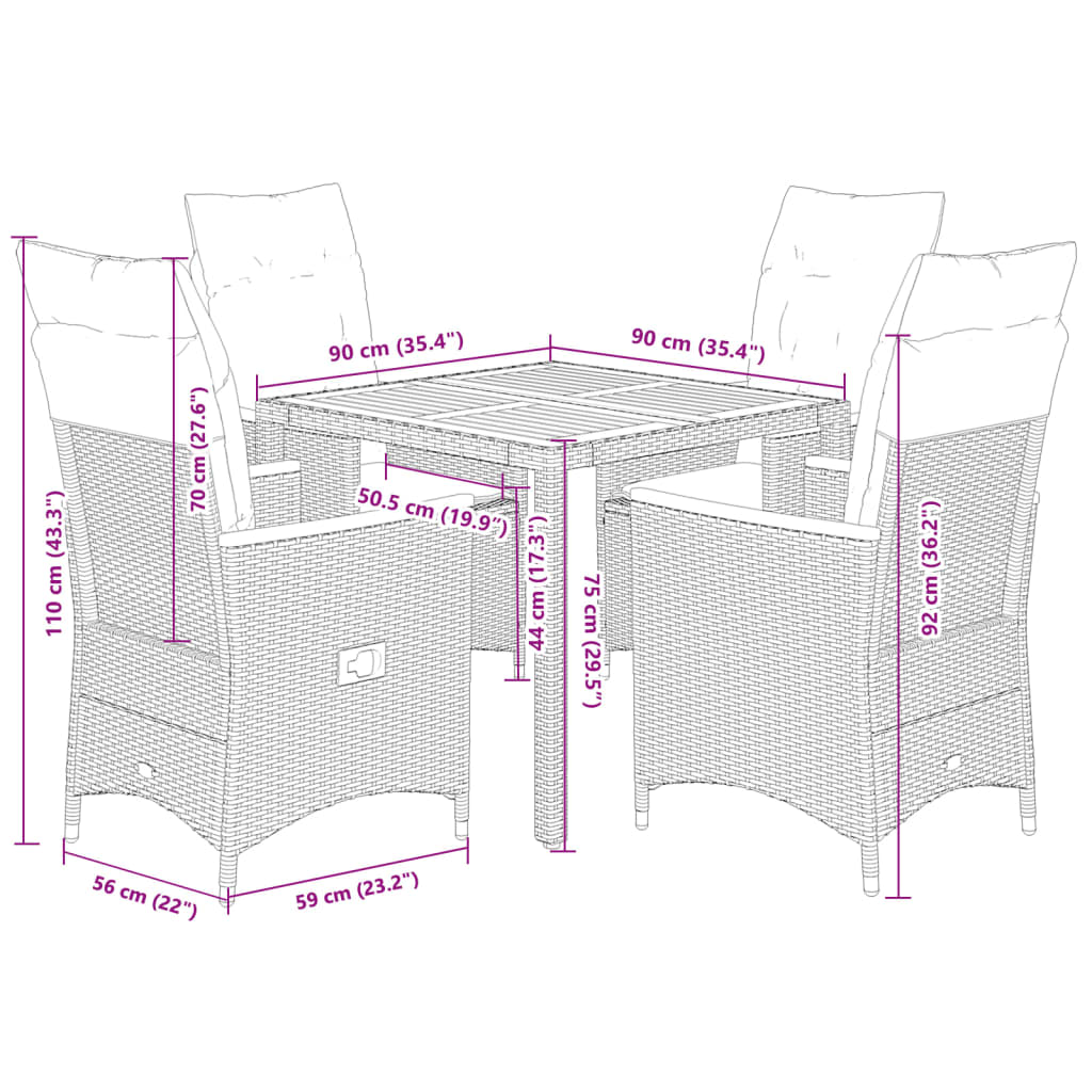 vidaXL 5-tlg. Garten-Essgruppe mit Kissen Schwarz Poly Rattan