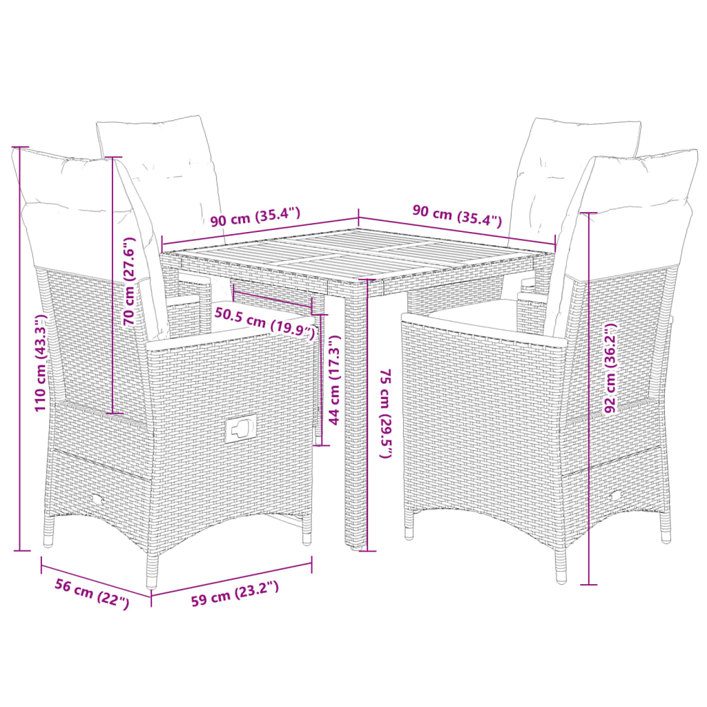 vidaXL 5-tlg. Garten-Essgruppe mit Kissen Schwarz Poly Rattan