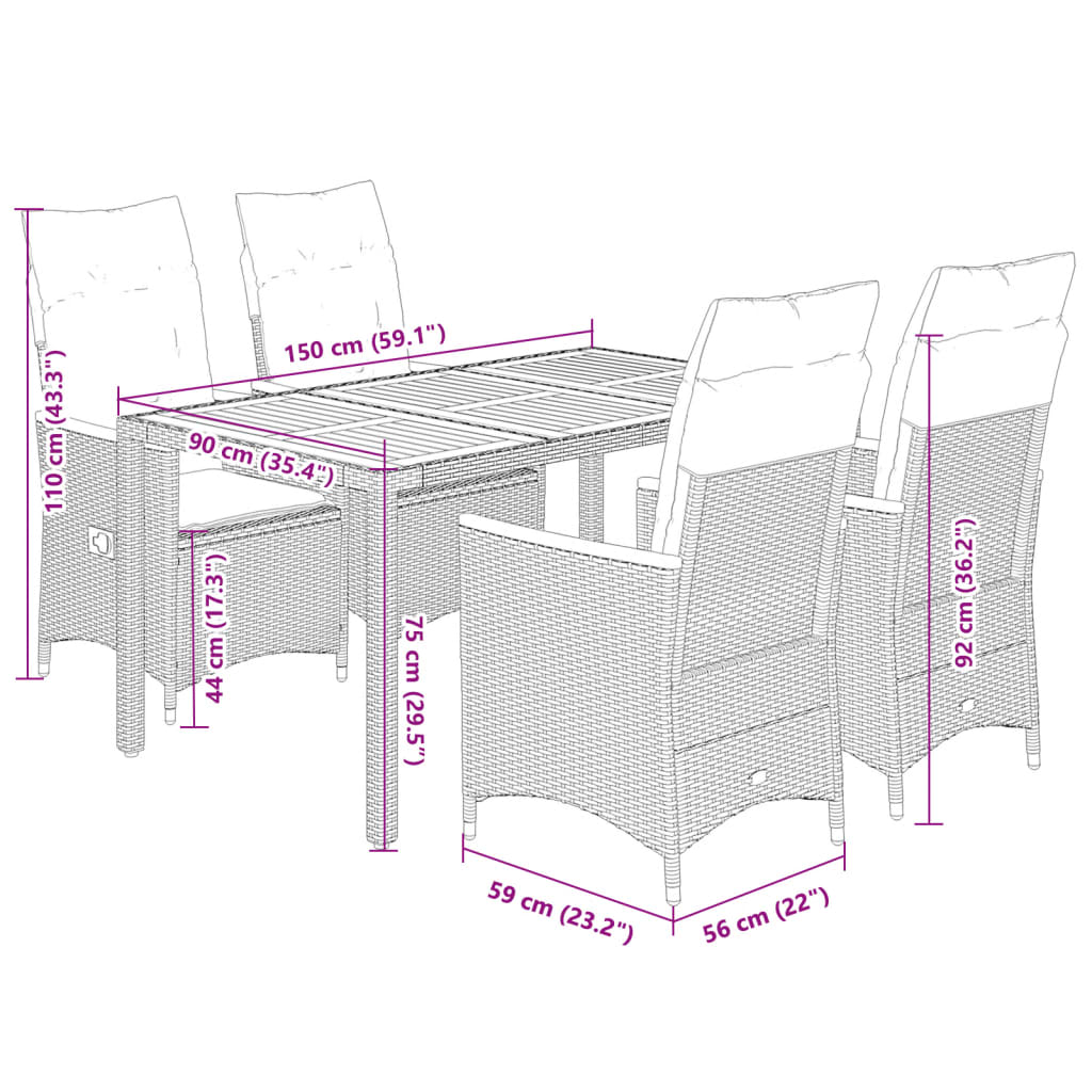 vidaXL 5-tlg. Garten-Essgruppe mit Kissen Schwarz Poly Rattan