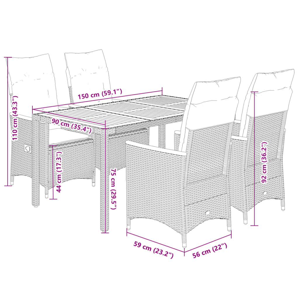 vidaXL 5-tlg. Garten-Essgruppe mit Kissen Grau Poly Rattan