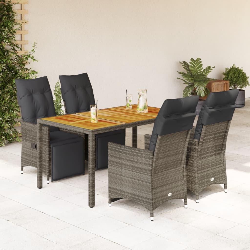 vidaXL 5-tlg. Garten-Bistro-Set mit Kissen Grau Poly Rattan