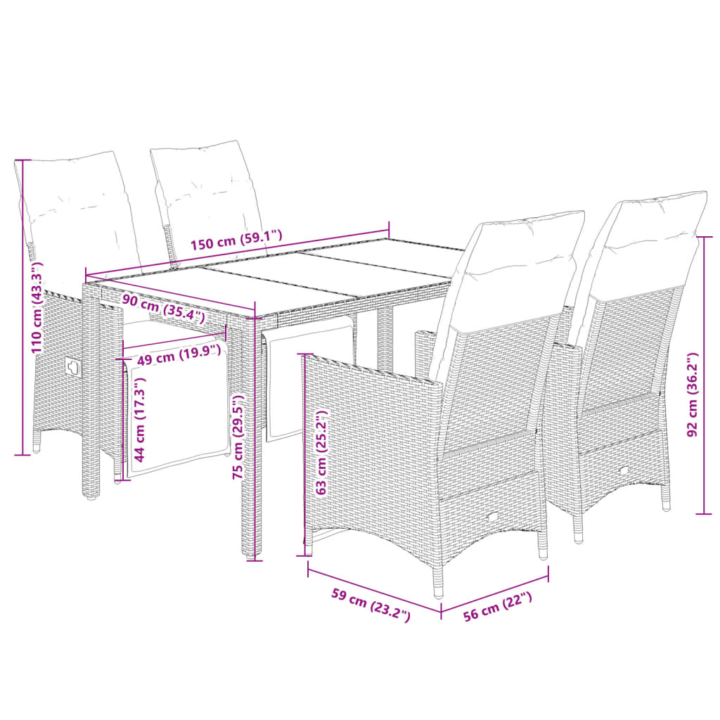 vidaXL 5-tlg. Garten-Bistro-Set mit Kissen Beige Poly Rattan