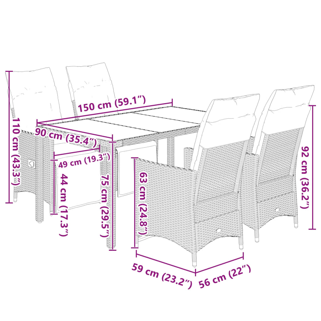vidaXL 5-tlg. Garten-Bistro-Set mit Kissen Grau Poly Rattan