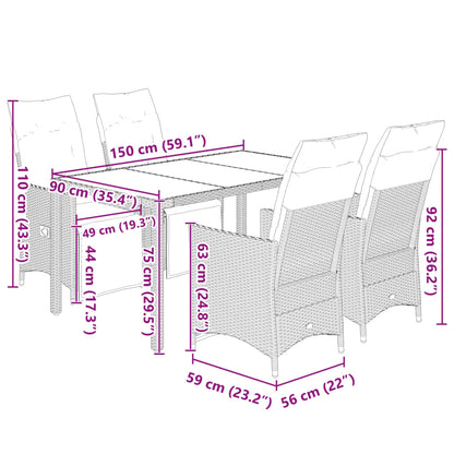 vidaXL 5-tlg. Garten-Bistro-Set mit Kissen Grau Poly Rattan