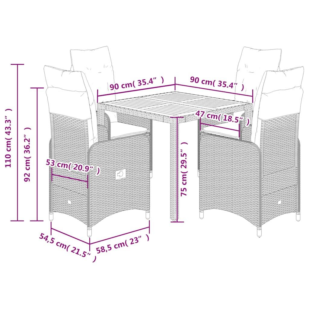 vidaXL 5-tlg. Garten-Bistro-Set mit Kissen Schwarz Poly Rattan