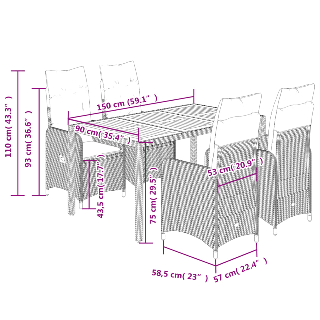 vidaXL 5-tlg. Garten-Bistro-Set mit Kissen Schwarz Poly Rattan