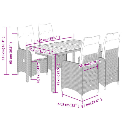 vidaXL 5-tlg. Garten-Bistro-Set mit Kissen Schwarz Poly Rattan