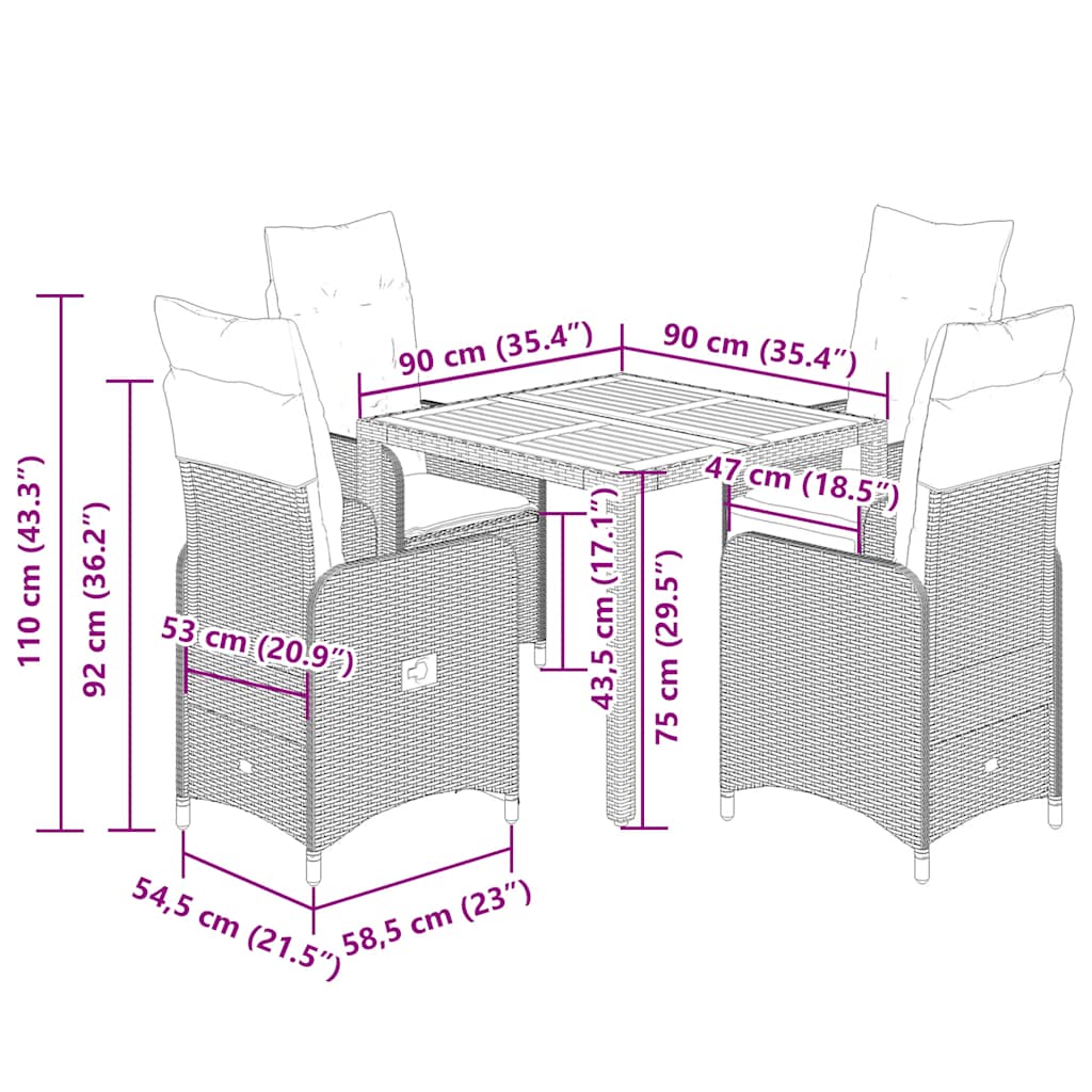 vidaXL 5-tlg. Garten-Bistro-Set mit Kissen Grau Poly Rattan