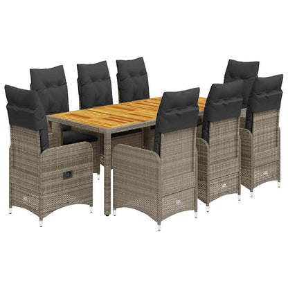 9-tlg. Garten-Bistro-Set mit Kissen Grau Poly Rattan