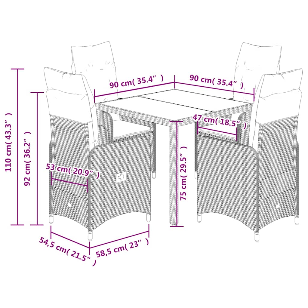 vidaXL 5-tlg. Garten-Bistro-Set mit Kissen Grau Poly Rattan