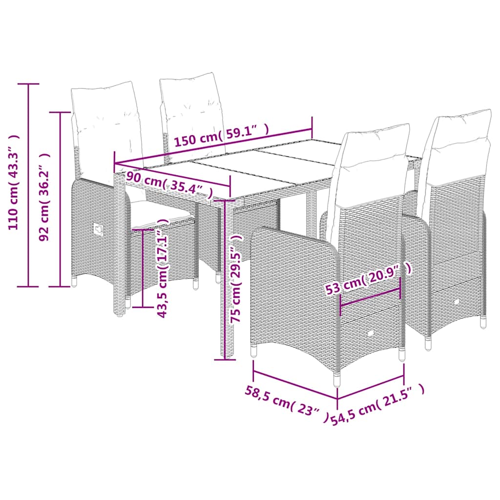 vidaXL 5-tlg. Garten-Bistro-Set mit Kissen Grau Poly Rattan