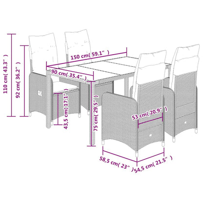 vidaXL 5-tlg. Garten-Bistro-Set mit Kissen Grau Poly Rattan