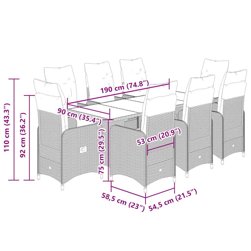 9-tlg. Garten-Bistro-Set mit Kissen Beige Poly Rattan