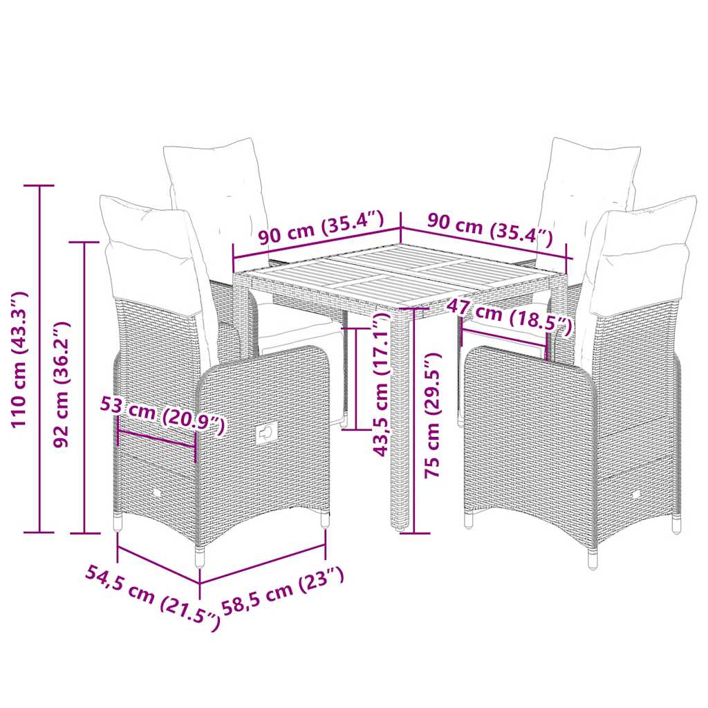vidaXL 5-tlg. Garten-Bistro-Set mit Kissen Schwarz Poly Rattan