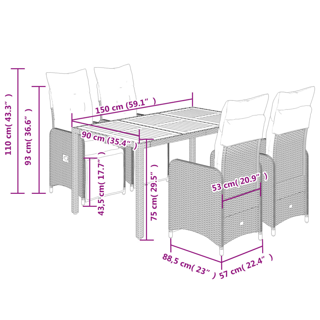 vidaXL 5-tlg. Garten-Bistro-Set mit Kissen Schwarz Poly Rattan