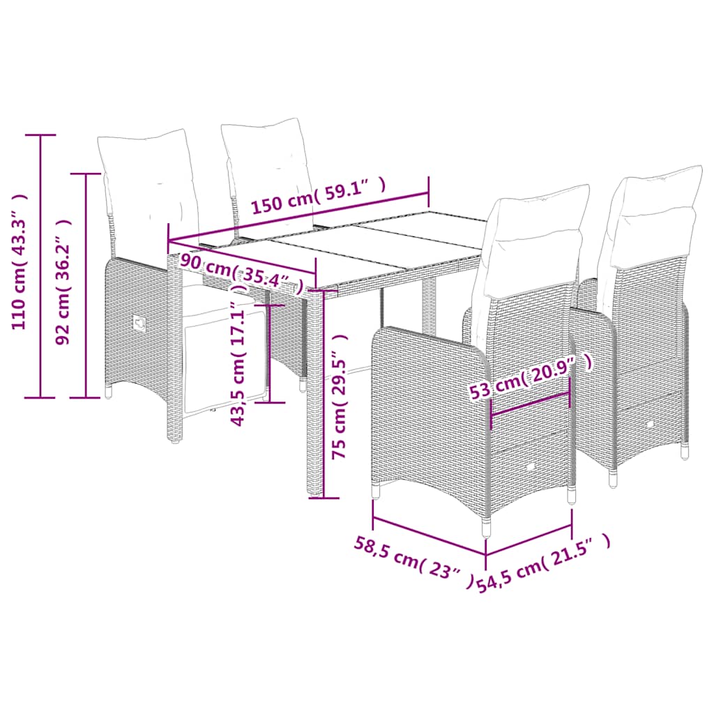vidaXL Ensemble bistro de jardin 5 pcs avec coussins résine tressée marron