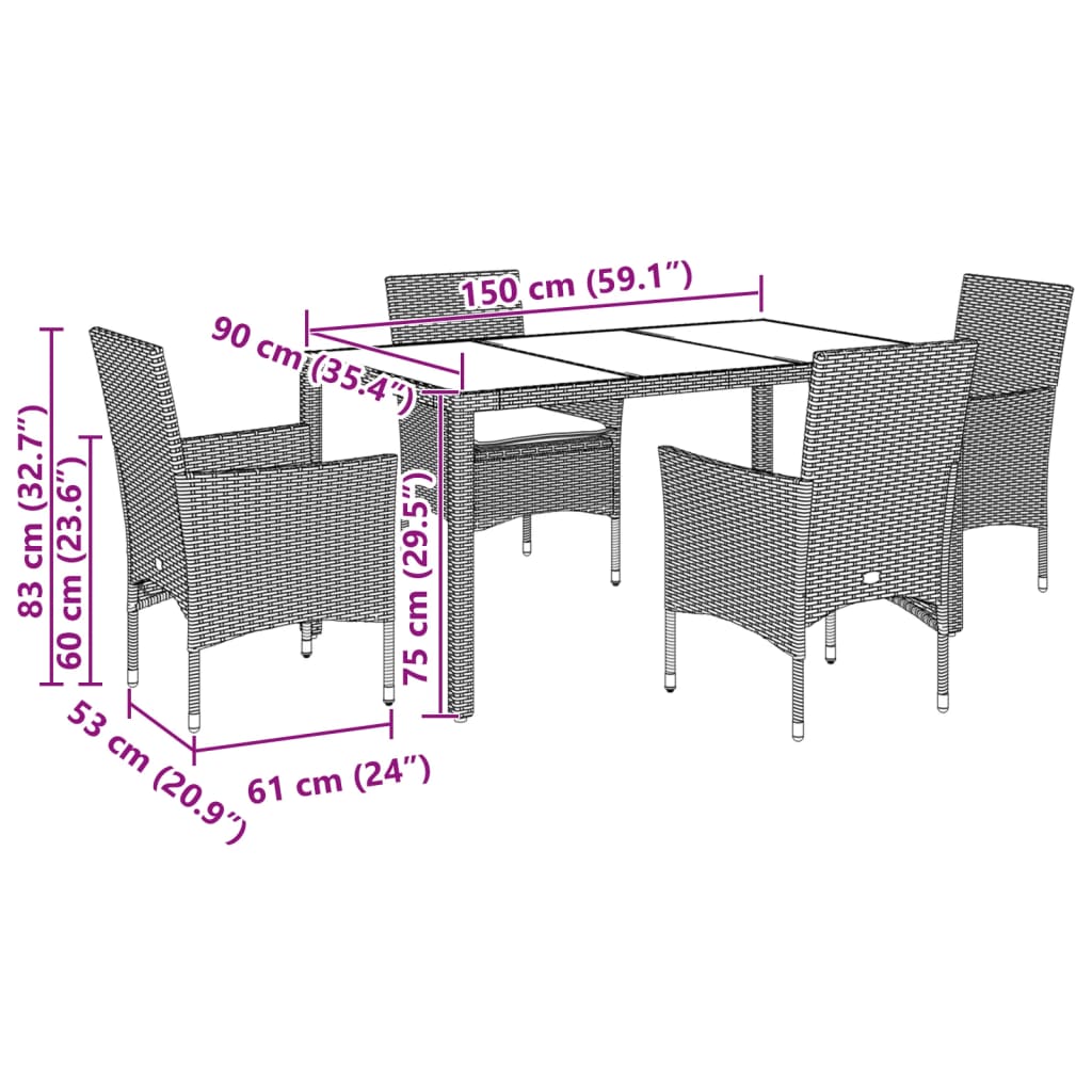 vidaXL 5-tlg. Garten-Essgruppe mit Kissen Schwarz Poly Rattan und Glas