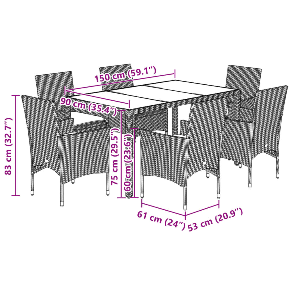 vidaXL 5-tlg. Garten-Essgruppe mit Kissen Schwarz Poly Rattan und Glas