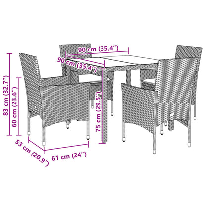 vidaXL 5-tlg. Garten-Essgruppe mit Kissen Braun Poly Rattan Glas