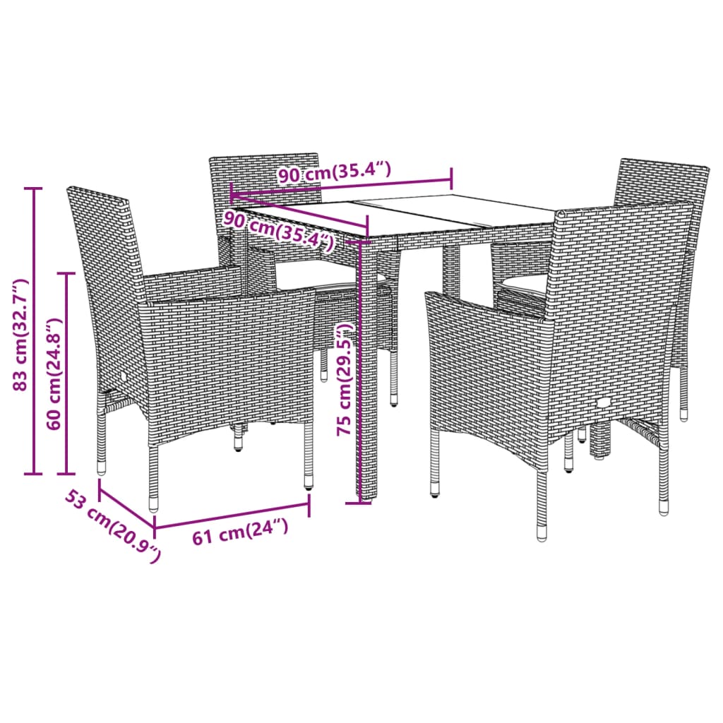 vidaXL 5-tlg. Garten-Essgruppe mit Kissen Grau Poly Rattan und Glas